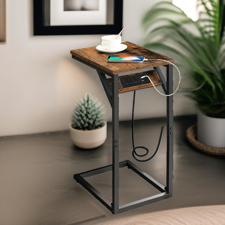 Hargaden Industrial C Shaped Side Table with Built In Power Outlets End Table Living Room